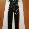 Beau catsuit unisexe en latex noir rouge et blanc taille S-XXL Beau catsuit unisexe en latex noir rouge et blanc taille S-XXL