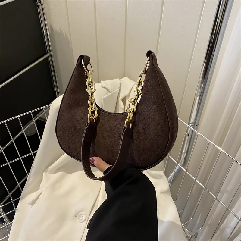 sac hobo en daim avec sangle en chaîne dorée, sac à bandoulière rétro en forme de croissant pour femmes, sac à main quotidien à la mode