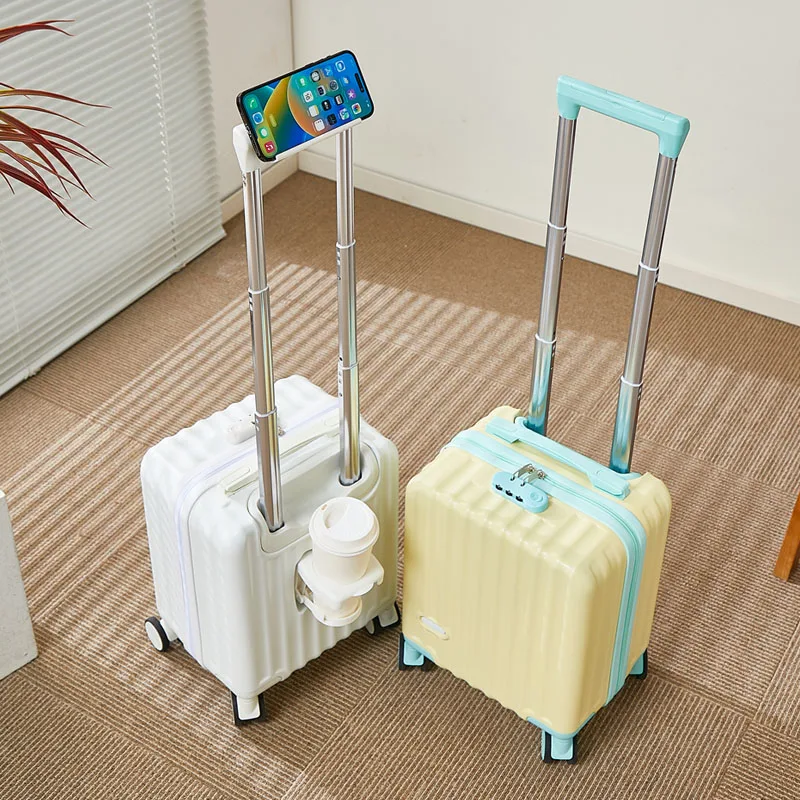 valise à main de 14 pouces avec tige de traction à 3 sections, support pour téléphone portable et porte gobelet, sac à main léger pour bagages de voyage