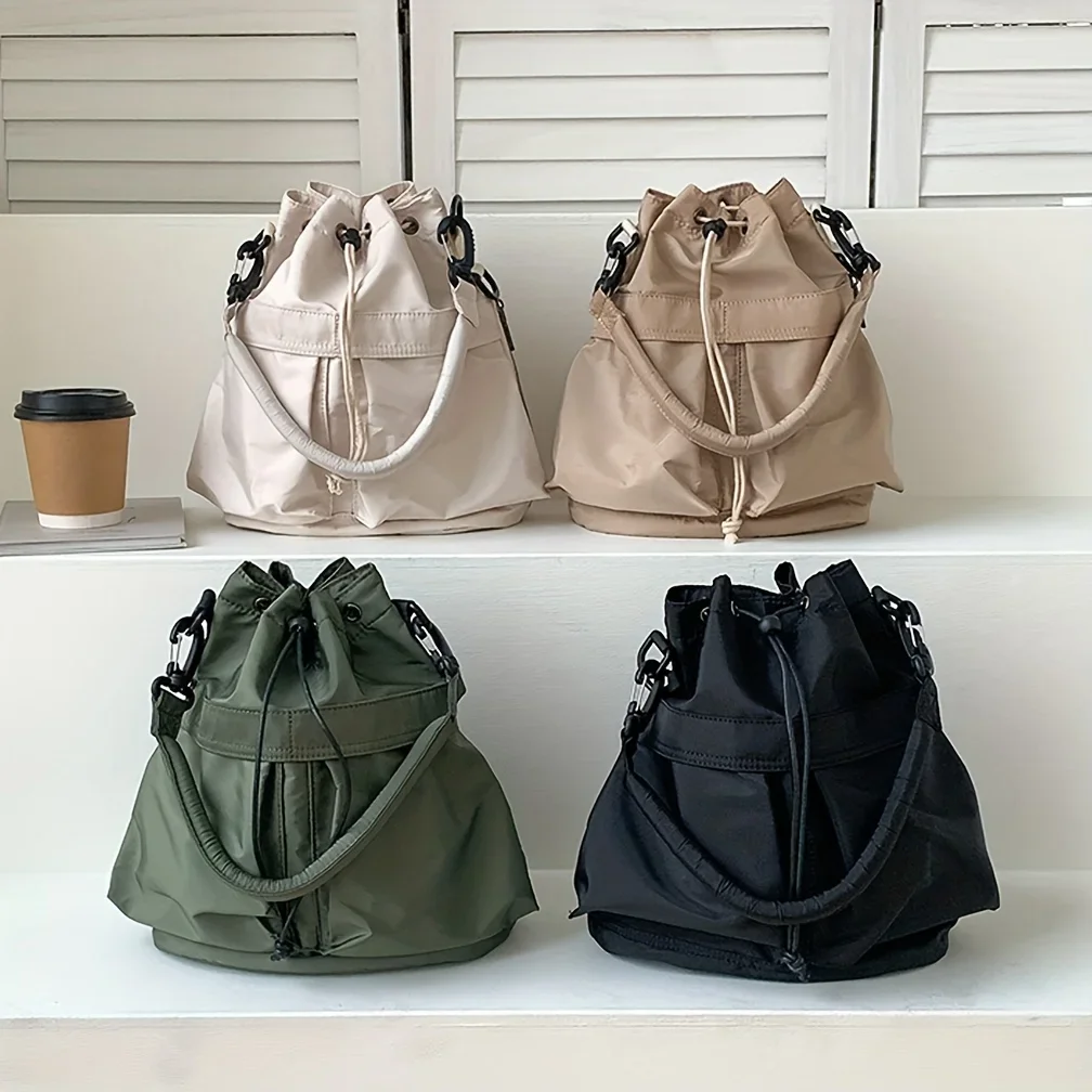 sac seau à cordon de serrage pour femmes, nouvelle mode, sac seau de grande capacité, style vêtements de travail simples, sac à bandoulière en nylon pour femmes