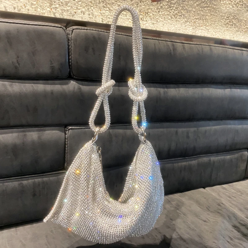 sac à main hobo de luxe avec poignée et strass brillants, pochette de soirée, bourse en cristal