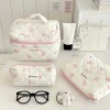 Sac de maquillage matelassé en coton pour femmes, organisateur de cosmétiques à fermeture éclair, sac à main en tissu à fleurs avec nœud mignon, trousse de toilette Portable pour filles