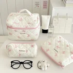 Sac de maquillage matelassé en coton pour femmes, organisateur de cosmétiques à fermeture éclair, sac à main en tissu à fleurs avec nœud mignon, trousse de toilette Portable pour filles