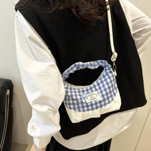 Sac à boulettes à carreaux en dentelle avec nœud doux, pochette sous les bras française, fourre-tout, petit sac à bandoulière polyvalent et mignon en toile douce