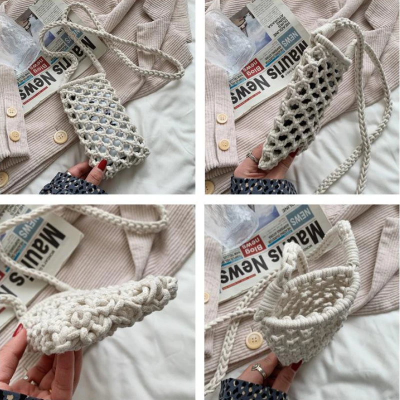 petit sac à bandoulière pour téléphone pour femmes, couleur unie, tissé ajouré au crochet, léger tressé, sac à main à bandoulière