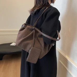 Sac fourre-tout en daim pour femmes avec poche intérieure, sac sous les bras Vintage de grande capacité, sac à bandoulière de couleur unie pour le travail et les voyages