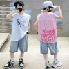 Costume d&rsquo;été pour enfants, t-shirt sans manches en coton et short en Denim, ensemble de vêtements deux pièces, tenues de survêtement à la mode pour enfants