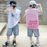 Costume d&rsquo;été pour enfants, t-shirt sans manches en coton et short en Denim, ensemble de vêtements deux pièces, tenues de survêtement à la mode pour enfants