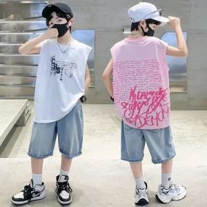 Costume d&rsquo;été pour enfants, t-shirt sans manches en coton et short en Denim, ensemble de vêtements deux pièces, tenues de survêtement à la mode pour enfants