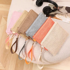 Pochette en paille tissée faite à la main pour femme, porte-monnaie pour fille, portefeuille de plage, sac à poignet solide, frais et doux, mode pour femme