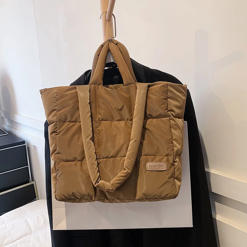 sac à main matelassé à carreaux pour femmes, sac de transport à main bouffant de couleur unie, grande capacité, mode automne hiver