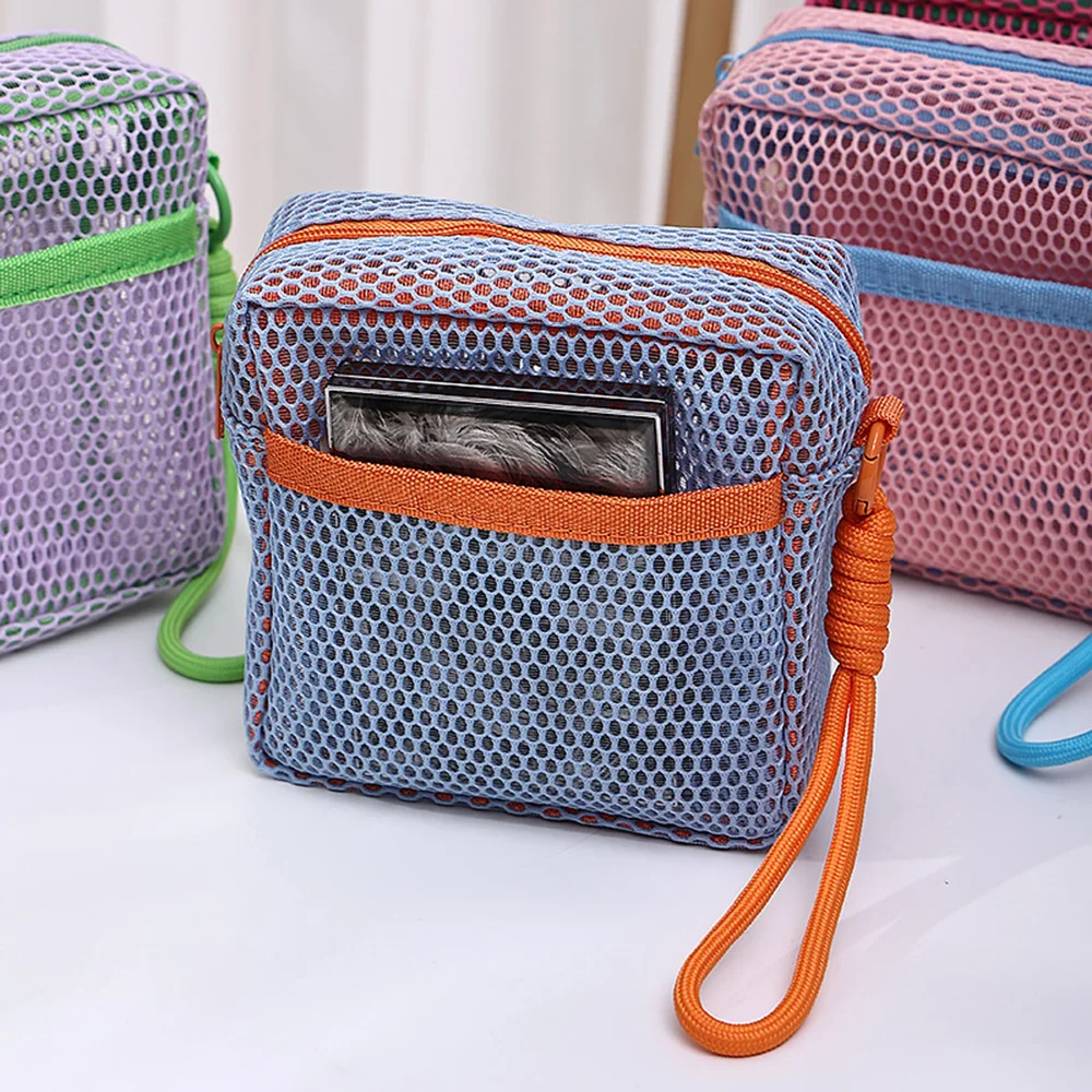 sac à cosmétiques en maille carrée multi poches, sac de rangement de cosmétiques carré portable avec fermeture éclair, sac de rangement polyvalent pour articles divers