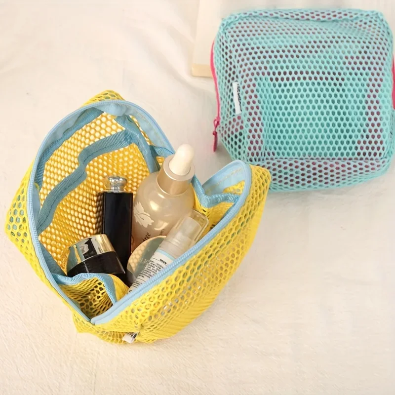 sac à cosmétiques en maille légère et élégante, sac de rangement de cosmétiques carré portable avec fermeture éclair, sac de rangement polyvalent pour articles divers