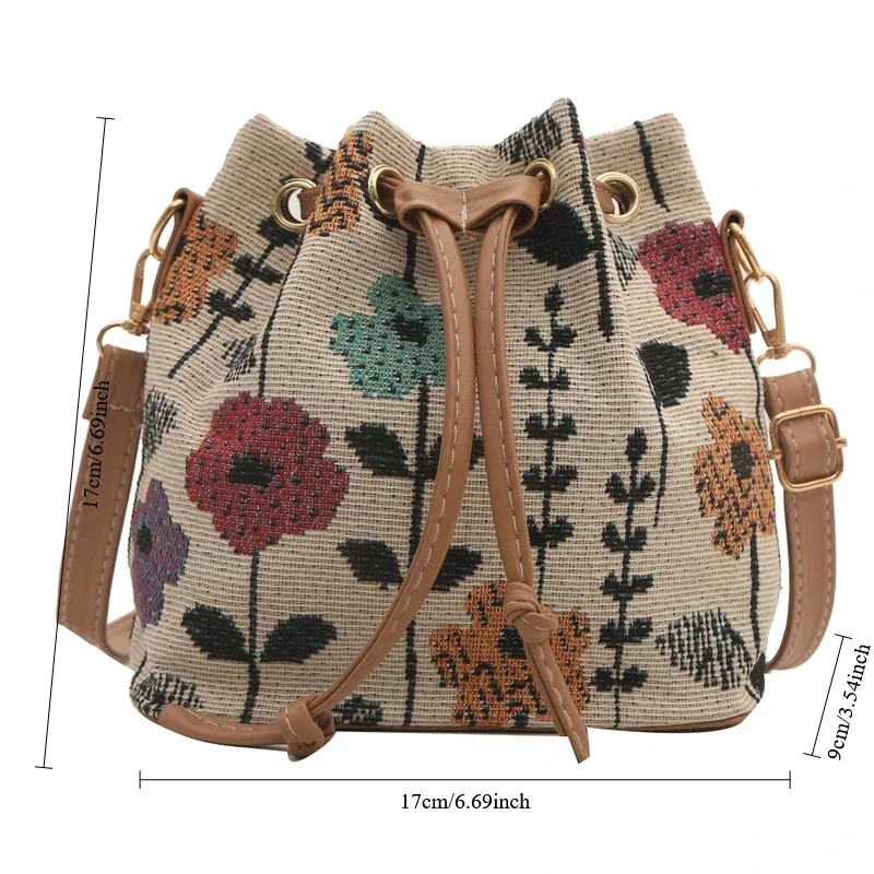 sac seau en tissu de lin pour femmes, sac à bandoulière de style ethnique floral, sac à bandoulière de luxe de styliste