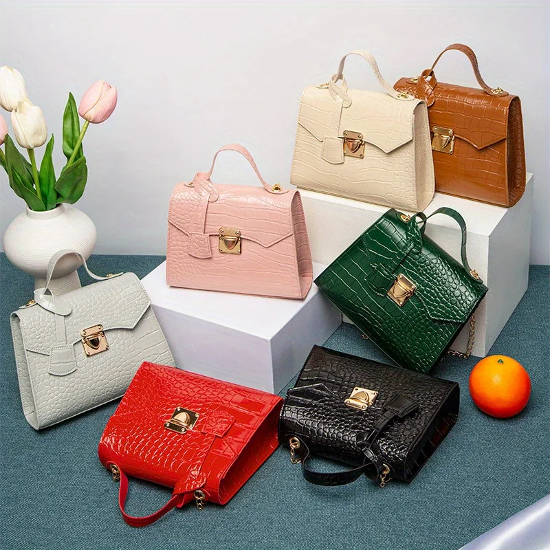 Mini sac à main chic en relief crocodile pour femme, sac fourre-tout design, sacs à main à fermeture à verrouillage torsadé, document solide Mini sac à main chic en relief crocodile pour femme, sac fourre-tout design, sacs à main à fermeture à verrouillage torsadé, document solide