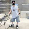 costume d'été pour enfants, t shirt sans manches en coton et short en denim, ensemble de vêtements deux pièces, tenues de survêtement à la mode pour enfants