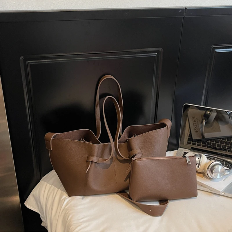 ensemble de sacs fourre tout, sac à bandoulière en pu pour femmes avec sac à main assorti, sac à main simple de grande capacité de couleur unie, automne hiver 2025