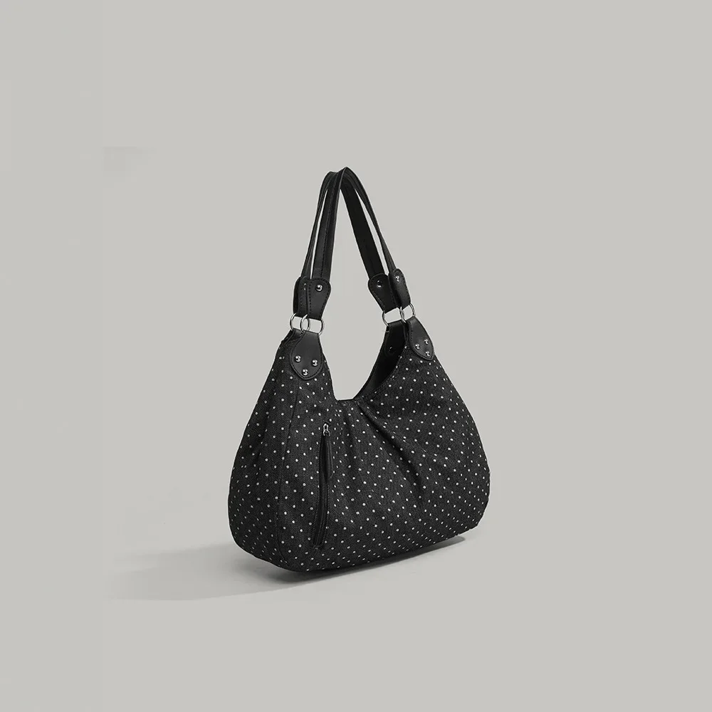 sac fourre tout rétro à pois pour femmes, sac à bandoulière de grande capacité, sac à main polyvalent à la mode de style coréen, matériau en toile