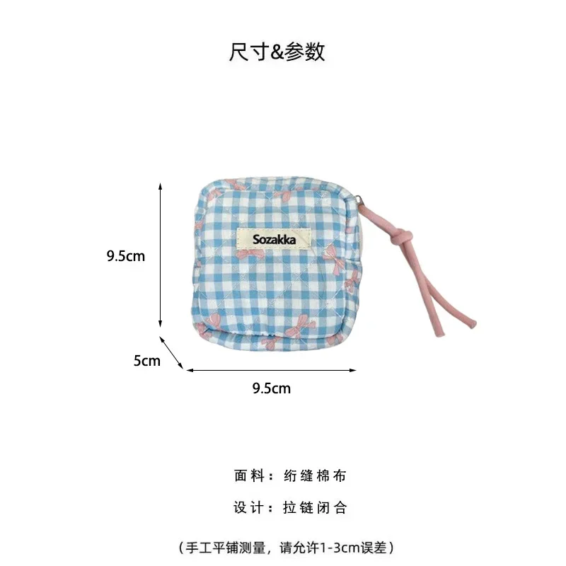 mini trousse de maquillage en coton matelassé pour femme, sac de rangement pour serviette hygiénique, porte monnaie étudiant, clés, sauna, poudres de téléphone, nœud à carreaux