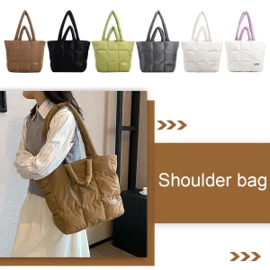 Sac à main matelassé en coton rembourré pour femme, sac à carreaux solide, grande capacité, sac pour document, doux, femme, automne, hiver