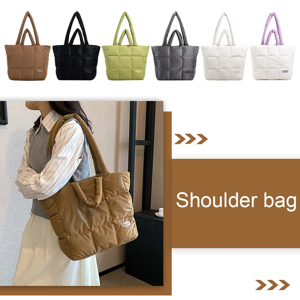 Sac à main matelassé en coton rembourré pour femme, sac à carreaux solide, grande capacité, sac pour document, doux, femme, automne, hiver Sac à main matelassé en coton rembourré pour femme, sac à carreaux solide, grande capacité, sac pour document, doux, femme, automne, hiver