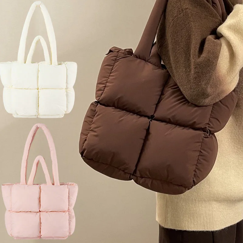 sac à bandoulière bouffant de styliste pour femmes, espace matelassé en coton rembourré avec plumes, sac à main de grande capacité, fourre tout de shopping d'hiver