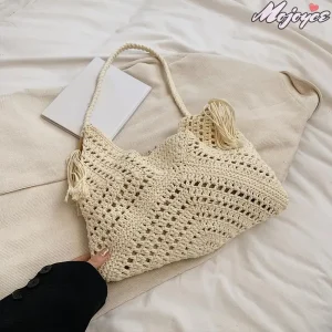 Sacs de paille Boho pour femmes, avec cordon de serrage, sac de plage en tricot, couleur unie, sac à main de vacances, grande capacité, sac à main tissé d&rsquo;été