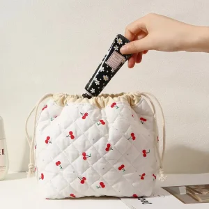 Trousse de maquillage matelassée, trousse à cosmétiques florale, trousse de toilette de voyage mignonne, pochette à cordon esthétique douce rembourrée pour femmes et filles