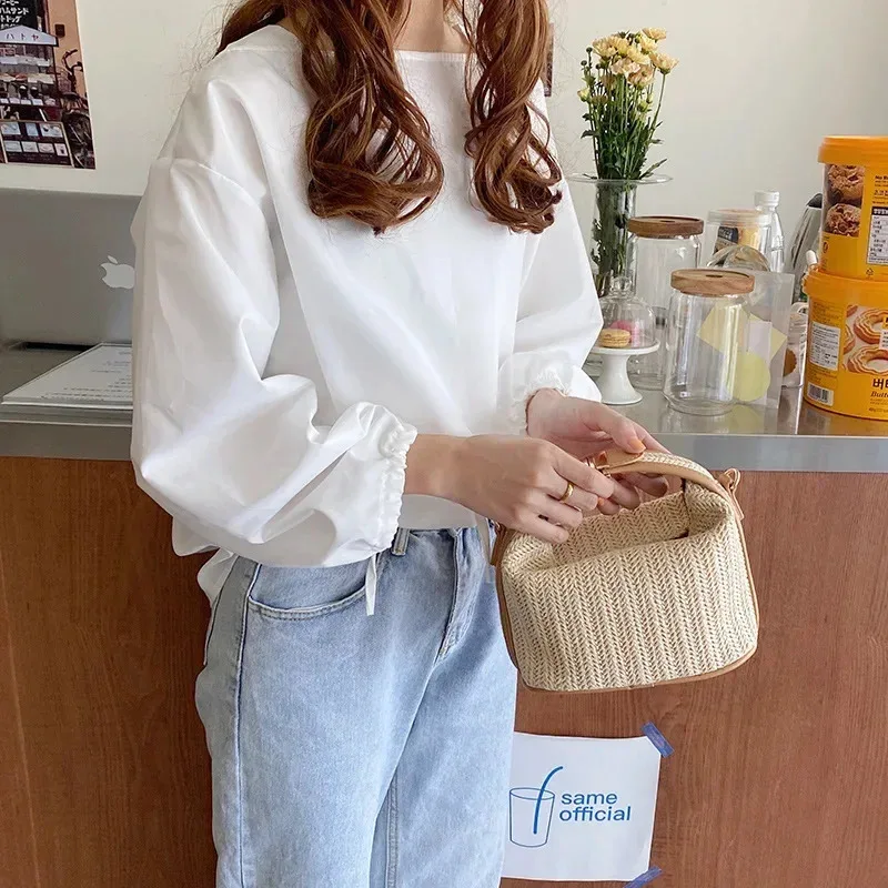 sac à bandoulière tissé seau, fourre tout en paille d'été, sac à bandoulière décontracté, sac de plage