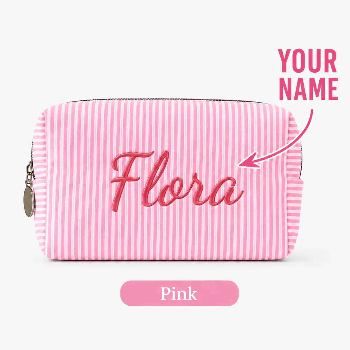 trousse de maquillage personnalisée avec nom pour femmes, pochette cosmétique rayée avec fermeture éclair, sac de rangement personnalisé pour articles de toilette de voyage