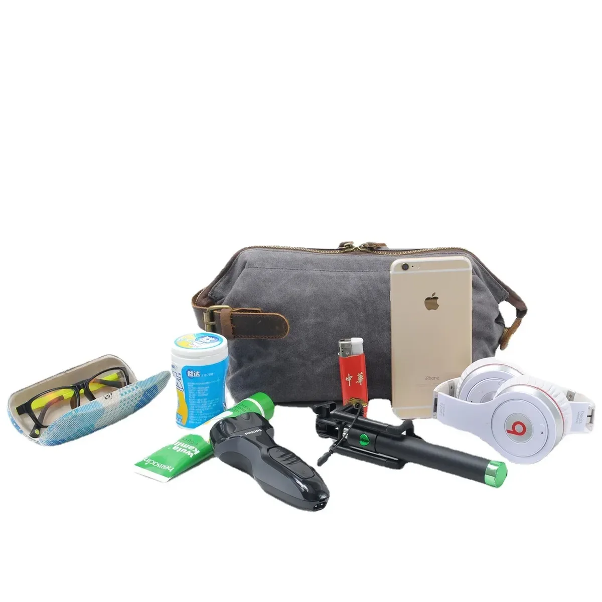 trousse de toilette en toile et cuir pour homme, trousse de toilette résistante à l'eau, pour le voyage, grande capacité, fonctionnelle