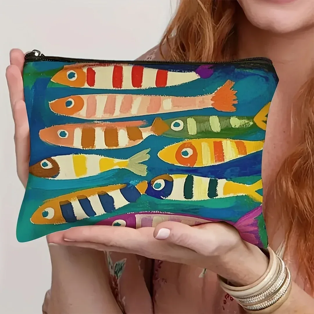 sac à cosmétiques vintage à motif de sardine, 1 pièce, organisateur de maquillage de voyage pour articles de toilette et pinceaux, design portable unisexe pour voyage