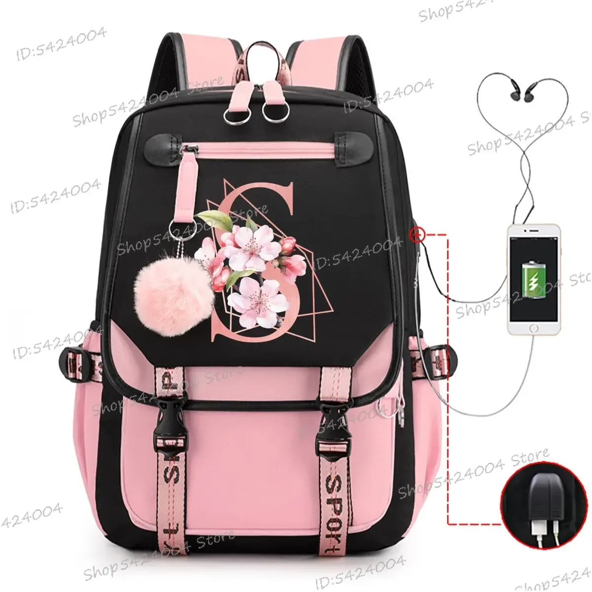 collège étudiants sacs d'école rose sakura lettres r mode voyage sac à dos adolescentes noir rose cartable a-z dessin animé cartable