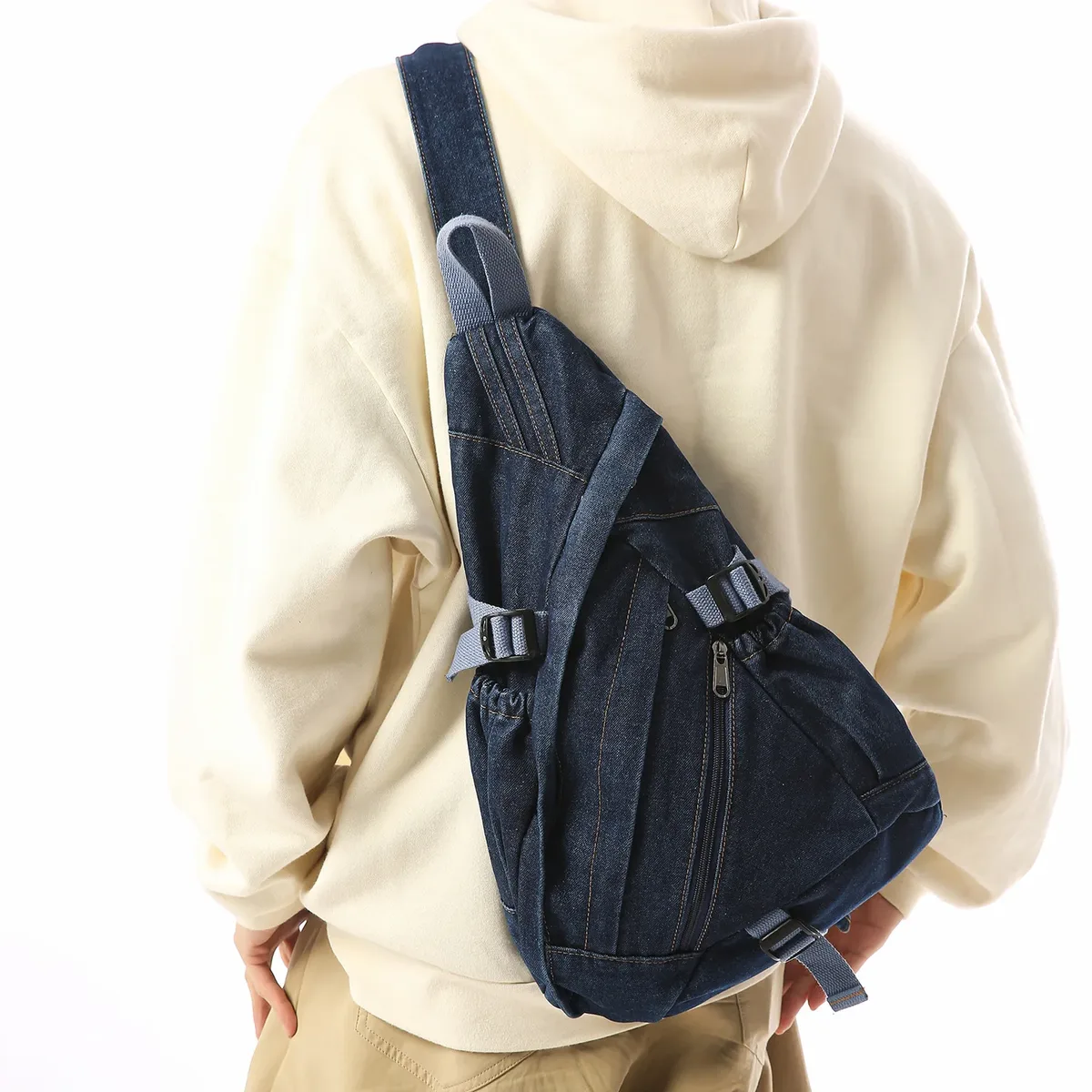 sac à bandoulière en denim délavé vintage pour homme et femme, multifonctionnel, rétro, grande capacité, sac de poitrine portable pour moto