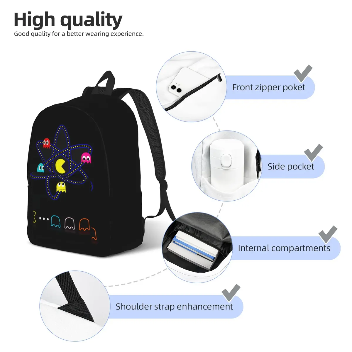 sac à dos pac-man, sacs à dos modernes pour hommes, sacs de voyage à motifs, sacs d'école secondaire, sac à dos de haute qualité