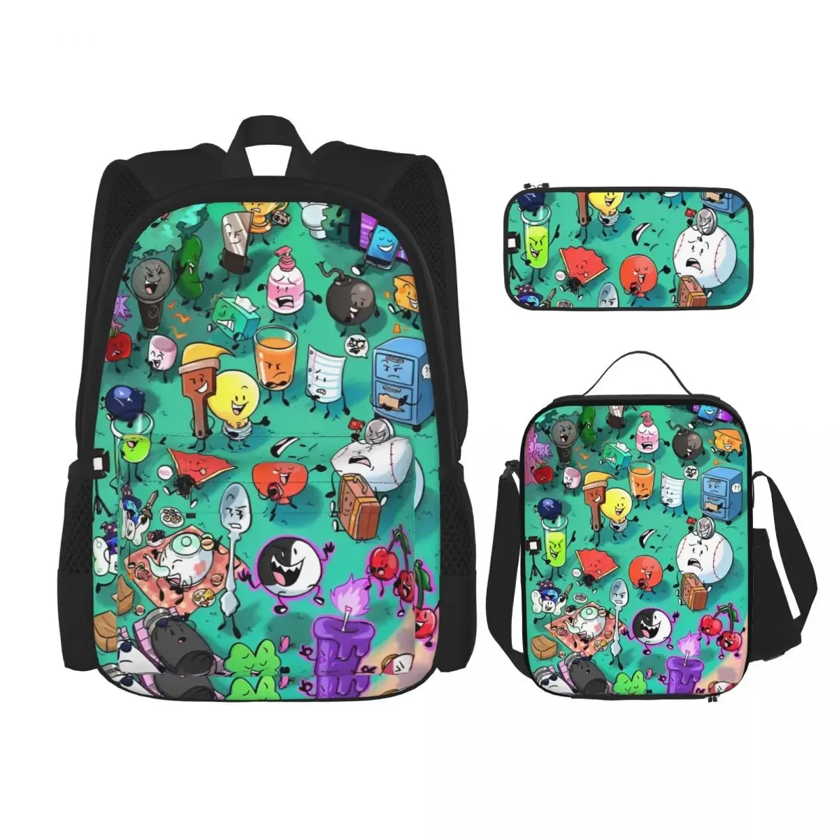 bfdi bfb et tpot bataille pour dream island dessin animé 3pecs/ensemble sac à dos pour adolescent ordinateur portable sac à bandoulière sac à déjeuner trousse à crayons