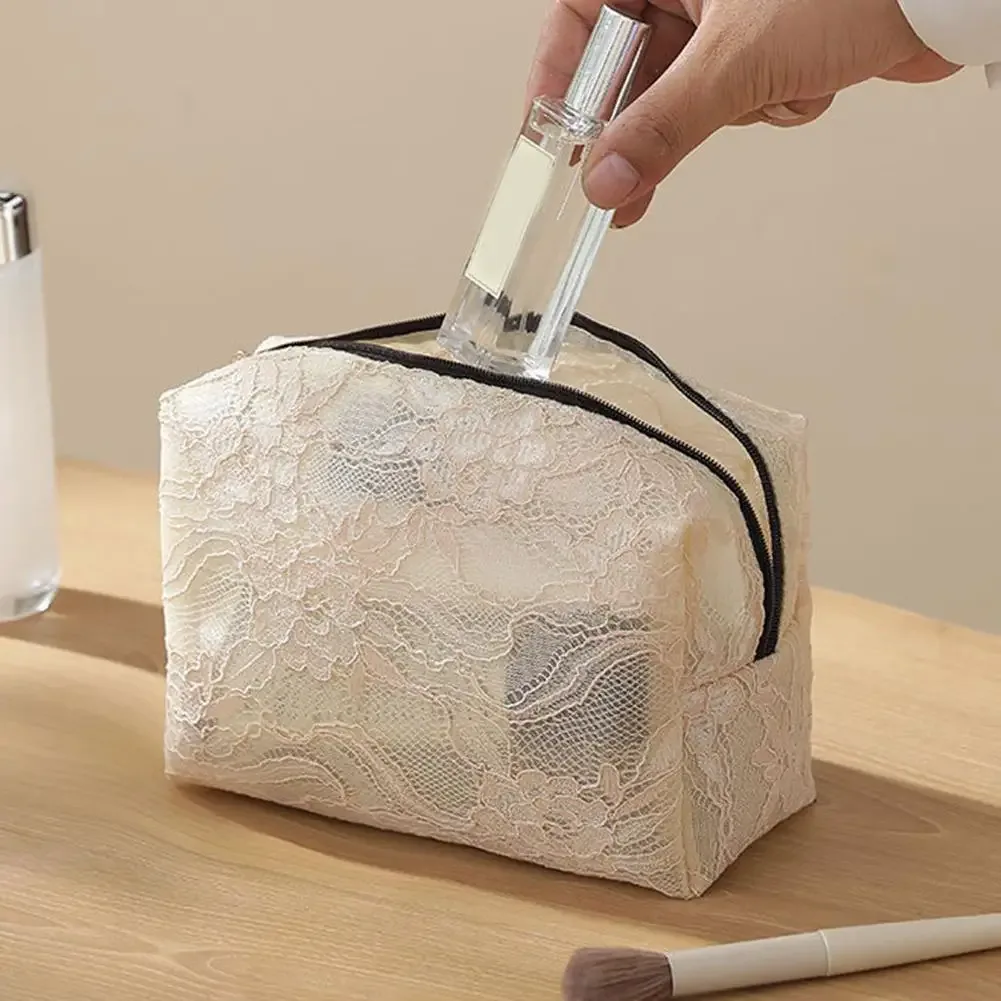 sac de maquillage en dentelle pour femmes, grande capacité, organiseur de cosmétiques et de bijoux, sac à fermeture éclair carré, trousse de toilette portable