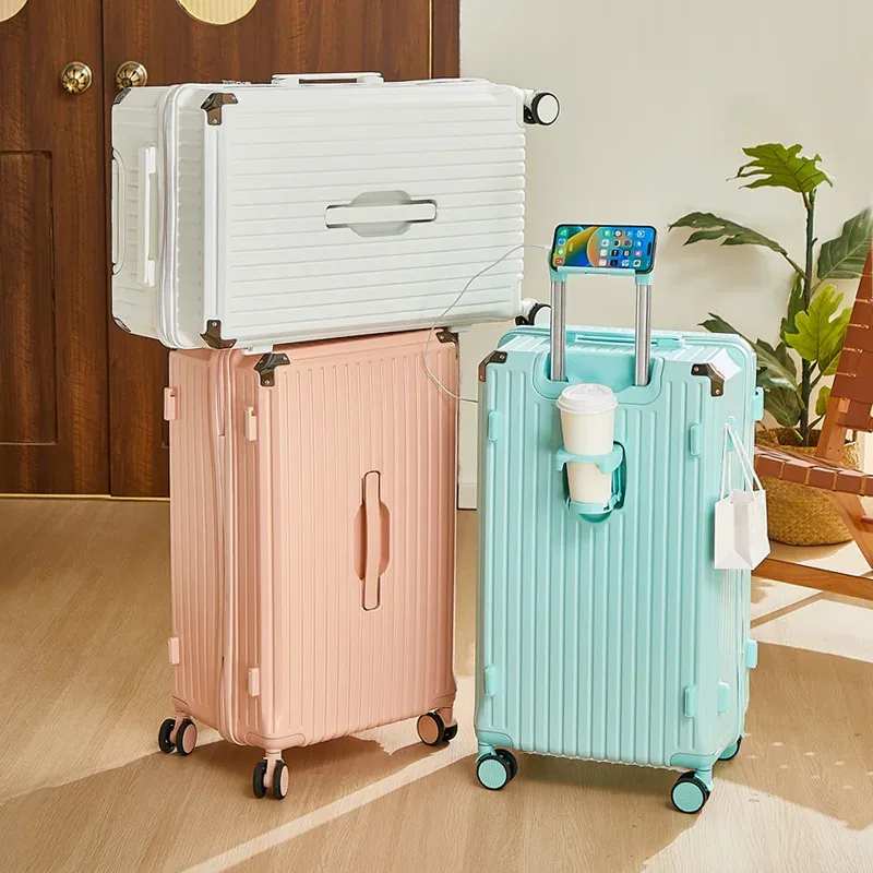 bagage roulant de grande capacité de 20 à 26 pouces, avec porte-gobelet, sac de voyage, support de téléphone portable pratique, valise roulante de voyage simple