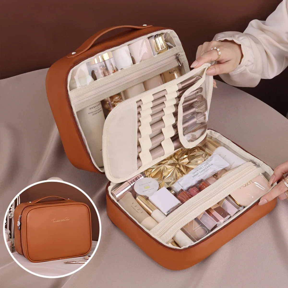 sac de maquillage trois en un pour femmes, sac de rangement portable en cuir pu, sac de voyage pour pinceaux cosmétiques et articles de toilette
