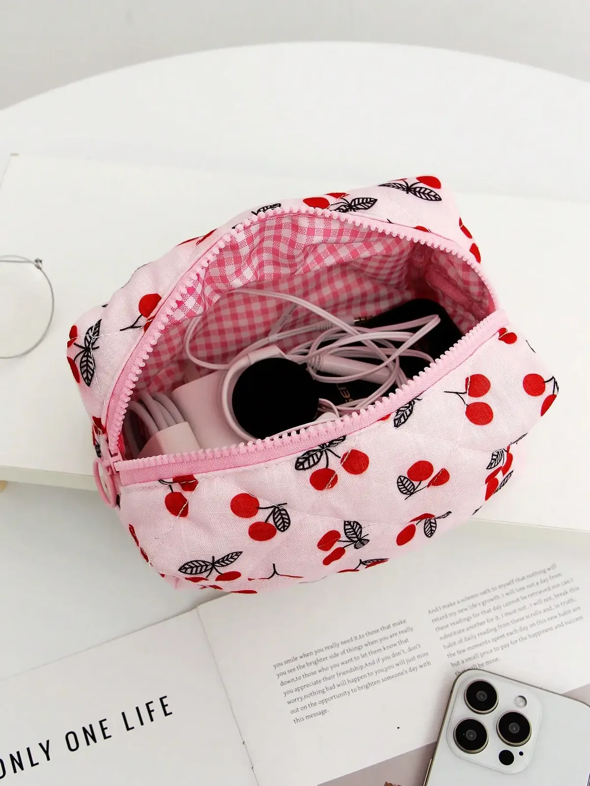 trousse de maquillage avec nœud cerise 1 pièce, trousse de maquillage à la mode et mignonne, sac octogonal de rangement pour pinceaux de maquillage, trousse de maquillage cadeau