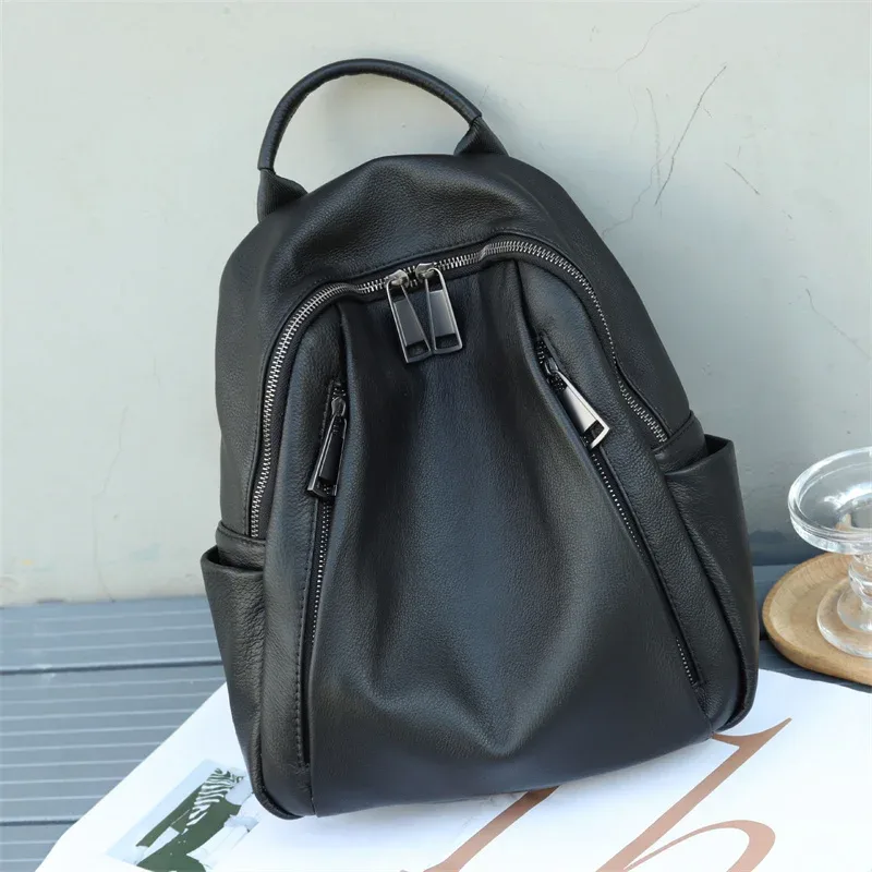 sac à dos décontracté en cuir véritable pour femmes et filles, sac à bandoulière d'école à la mode, motif solide, sac de voyage en cuir de vache