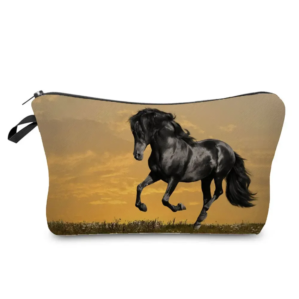 sacs de maquillage imprimés cheval pour femmes, sac à cosmétiques décontracté pour filles, mini trousse de toilette écologique réutilisable de voyage, trousse à crayons pour étudiants