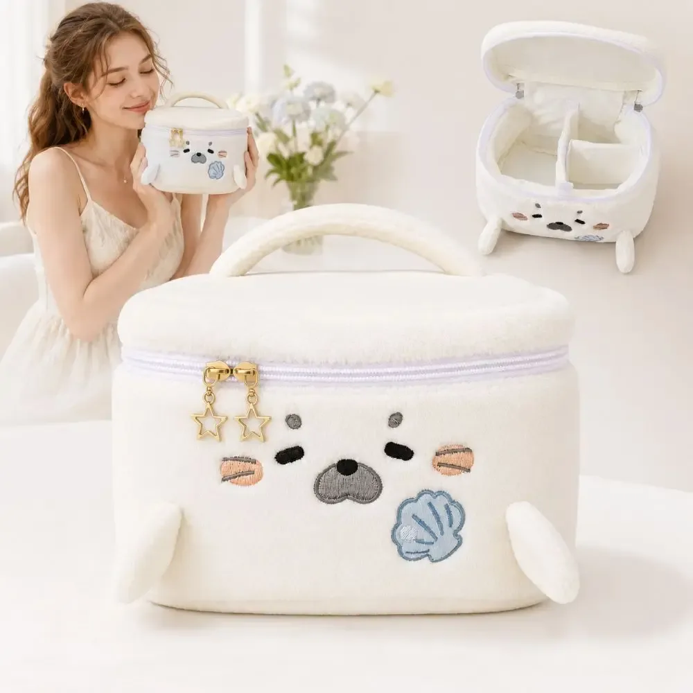 trousse de maquillage grande capacité en forme de phoque moelleux, sac cosmétique portable à motif brodé, trousse de toilette de voyage polyvalente
