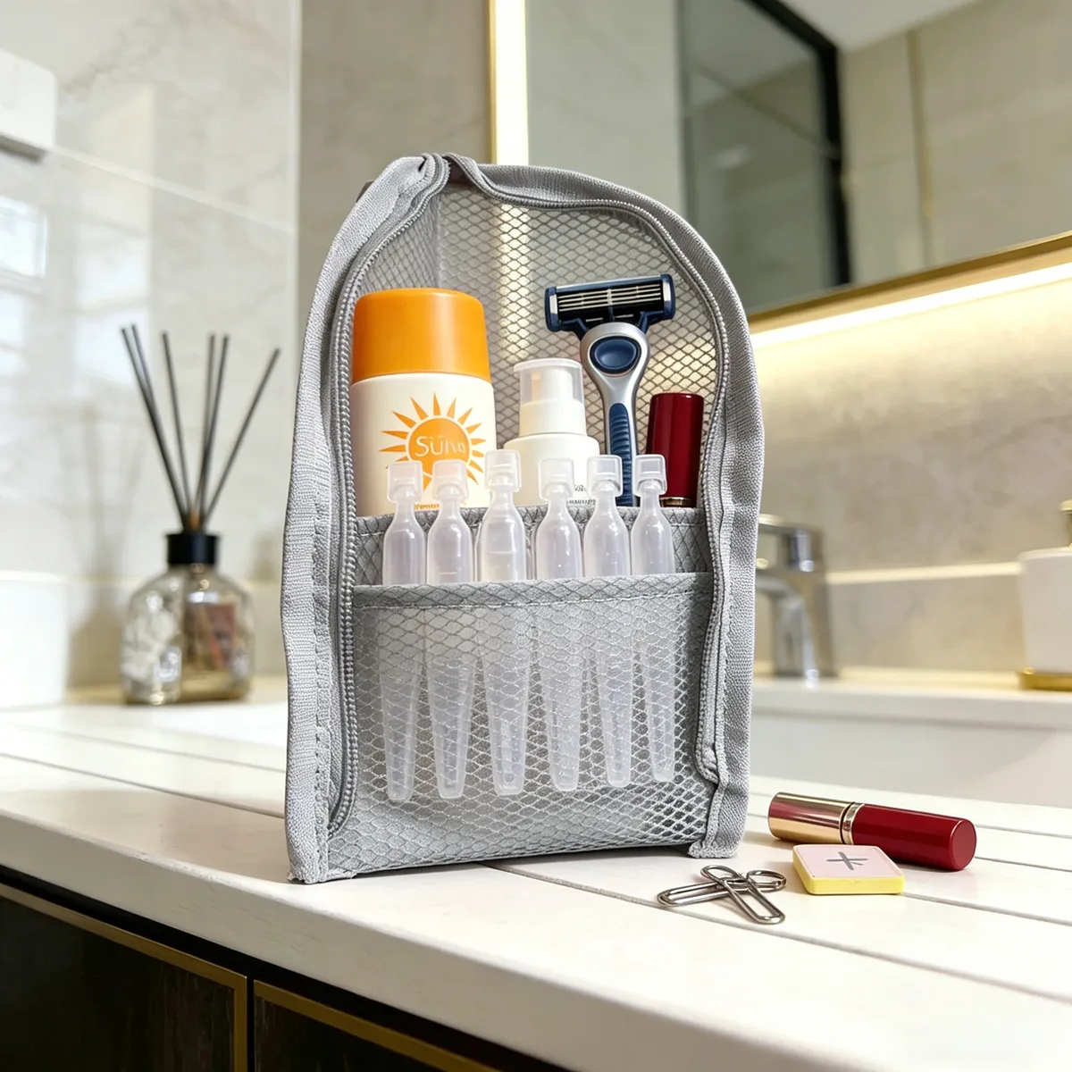 trousse de toilette en maille portable, sac de rangement de voyage, organisateur de toilette autoportant, pochette étanche pour brosse à dents, idéal pour salle de bain, salle de sport, hôtel
