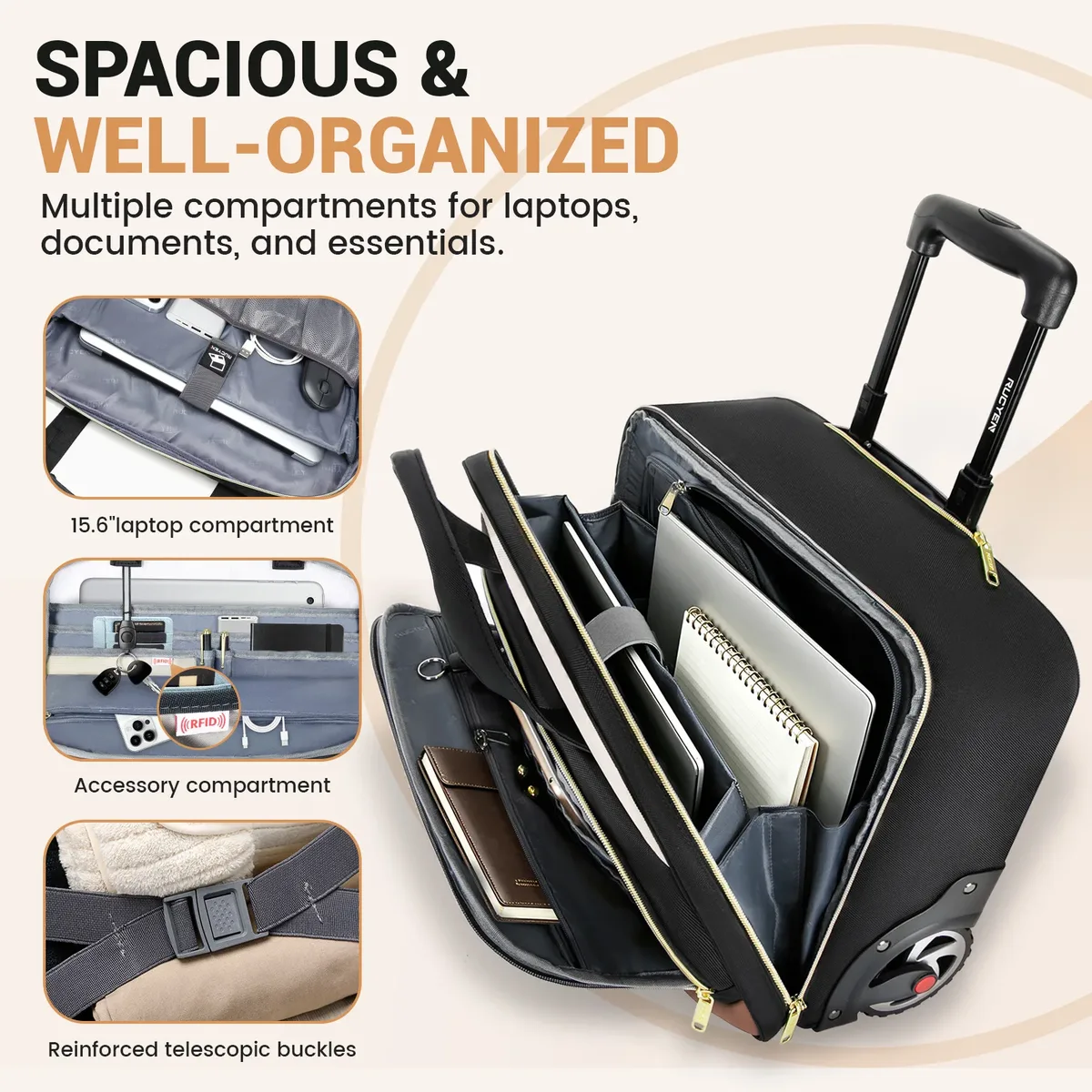 sac à roulettes pour ordinateur portable rucyen, sacoche à roulettes pour hommes et femmes, sacoche pour ordinateur portable sur roulettes, sac de voyage pour affaires, 18 pouces