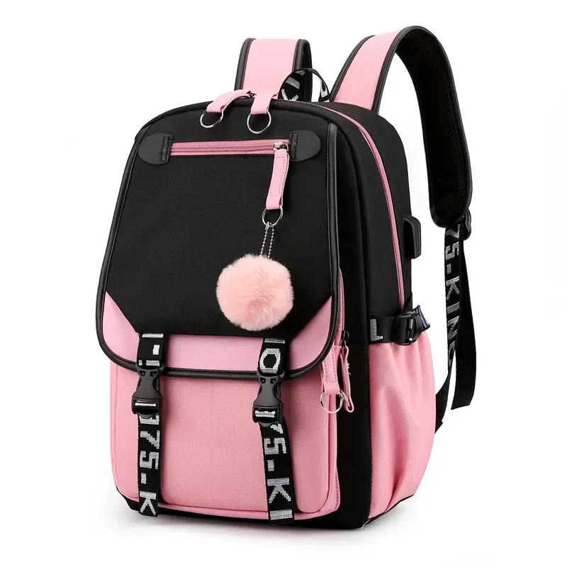 Grands sacs d'école pour adolescentes, Port USB, cartable en toile, sac de livre d'étudiant, mode noir rose, sac à dos d'école pour adolescents