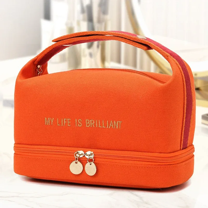 ins-sac à cosmétiques étanche double couche pour femme, fourre-tout de grande capacité, sac de voyage en toile portable, trousse de rangement pour maquillage, mode