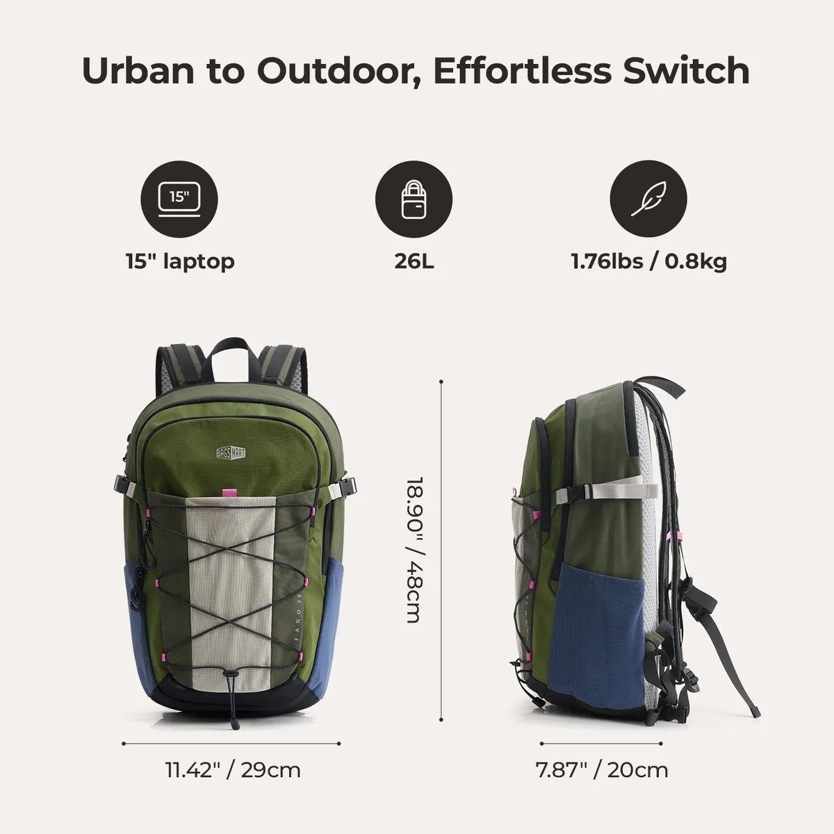 bagsmart sacs à dos de randonnée de grande capacité pour hommes et femmes, sac à dos pour ordinateur portable de 15,6 pouces, imperméable, pour voyage en plein air, sac à dos de banlieue
