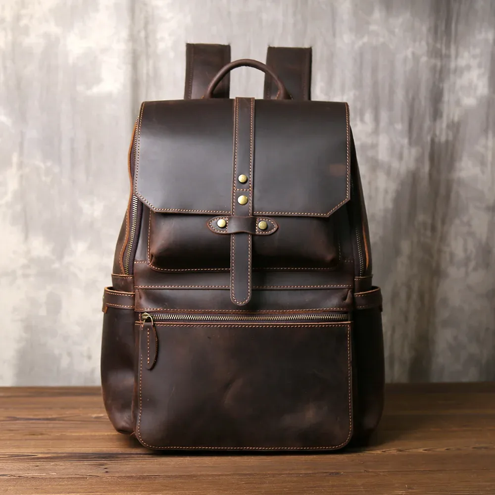sac à dos rétro en cuir crazy horse durable pour homme, cuir de première qualité, grande capacité, boucle à fermeture éclair, sac d'ordinateur pour voyage en plein air