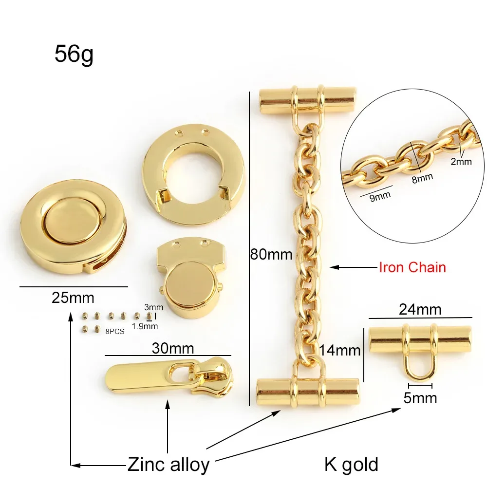 1/3/5 ensembles k or métal presse serrure pour sac fourre-tout à bandoulière décontracté shopping fermeture éclair curseur chaînes de remplacement interrupteur serrure accessoires